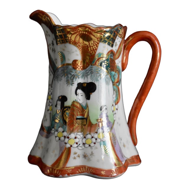 Antique Porcelain Pitcher Japanese Kutani Geisha Ware Hand Painted Gold Red Jug For Sale