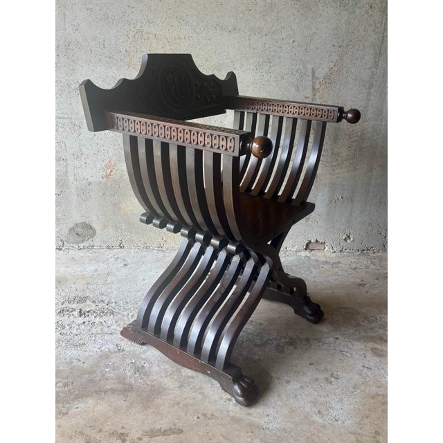 Brown Vintage Renaissance Revival Savonarola Chair in Carved Walnut For Sale - Image 8 of 9