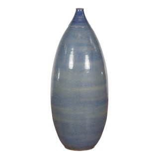 Artisan Made Prem Collection Tall Blue Glazed Vase with Striated Motifs For Sale