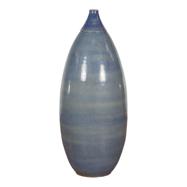 Artisan Made Prem Collection Tall Blue Glazed Vase with Striated Motifs For Sale