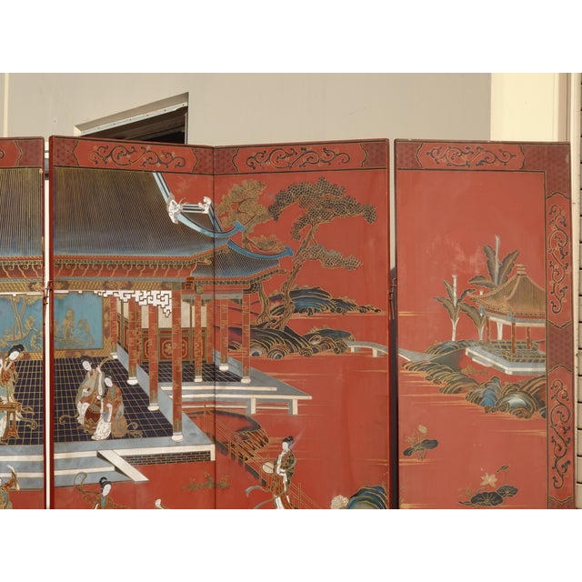 1900 - 1909 Antique Oriental Asian Red Coromandel Six Panel Folding Screen Palace Scene For Sale - Image 5 of 18