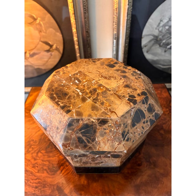 Wonderful tessellated brown stone box with lid. Measures 6” round by 5” high. All original velvet interior. No chips or...
