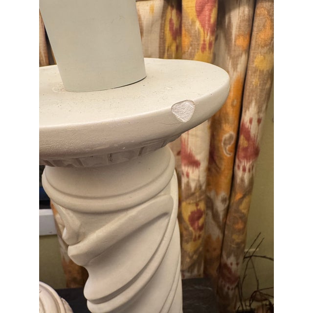 Sculpture Materials Pair of Neoclassical White Spiral Column Table Lamps, Monumental Scale For Sale - Image 7 of 9