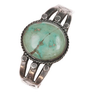 6.25" 30's-40's Navajo Silver Cuff Bracelet With Large Turquoise Stone For Sale