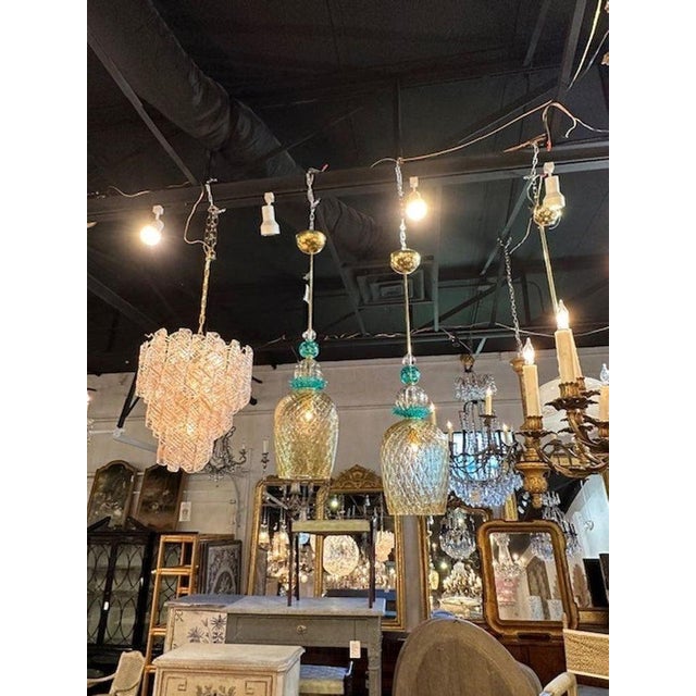 2000 - 2009 Pair of Modern Champagne Colored and Teal Murano Glass Pendants For Sale - Image 5 of 7