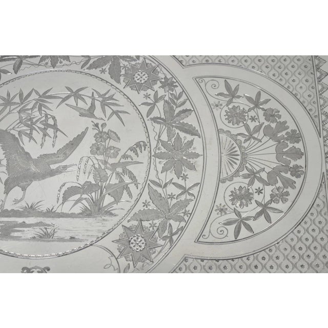 Antique Rogers Smith & Co Art Nouveau Large Silver Plated Crane Bird Etched Tray For Sale - Image 9 of 18