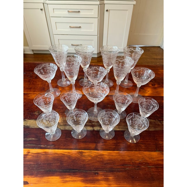 Traditional 18-Piece Set of Vintage Fostoria Romance Pattern Etched Crystal Glassware With Flowers and Ribbon Designs For Sale - Image 3 of 14