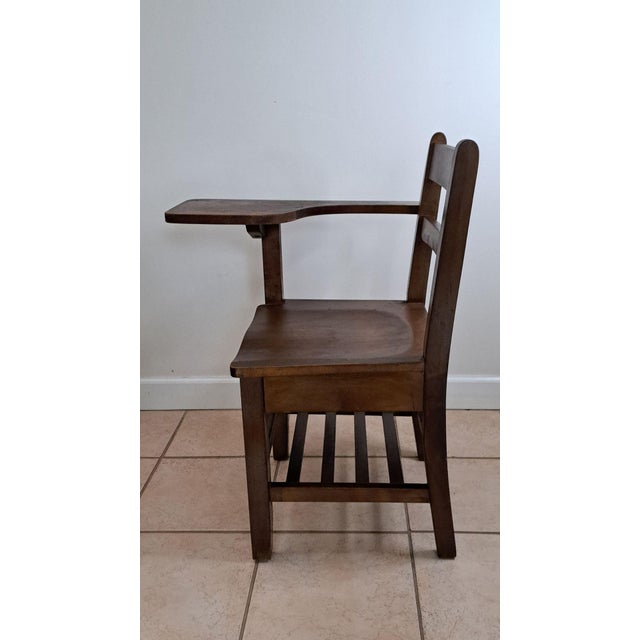 1930s Wooden School Desk Chair W/Attached Writing Arm & Book Shelf Ocean County For Sale - Image 4 of 12
