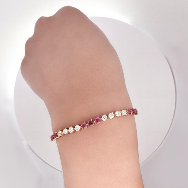 Metal 5 Carat Ruby and Lab Grown Diamond 3-Prong 14k Gold Tennis Bracelet For Sale - Image 7 of 7