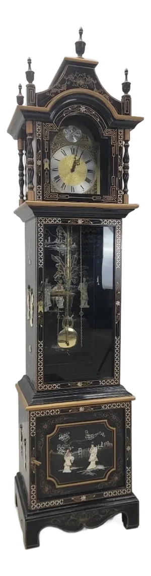 Mid 20th Century Wai Hing Clocks Co. Chinoiserie Lacquer Tempus Fugit Grandfather Clock
