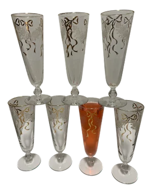 Vintage Bow Wedding Champagne Flute Glasses - Set of 7