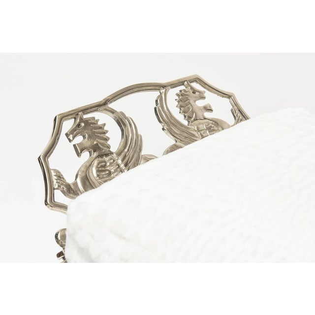 1930s Vintage Art Deco Nickeled Silver Over Iron Griffin and Gargoyle Bench With White Crocodile Pattern Loose Cushion Restored For Sale - Image 5 of 12