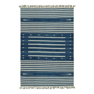 Rug & Kilim's Contemporary Dhurrie Rug with White and Blue Stripes - 12x18 For Sale