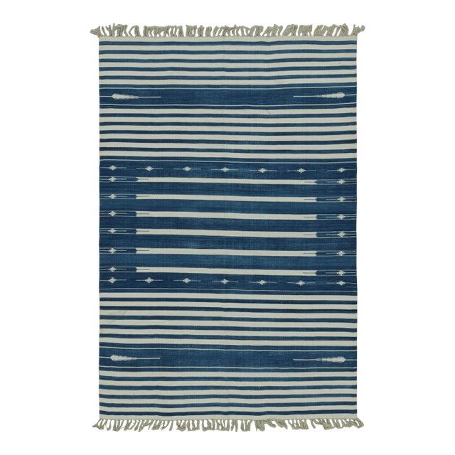 Rug & Kilim's Contemporary Dhurrie Rug with White and Blue Stripes - 12x18 For Sale