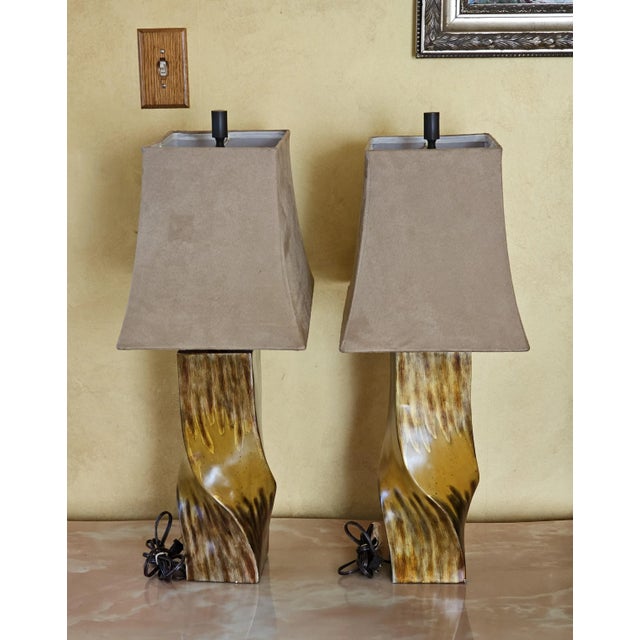 Mid-Century Modern Mid-Century Modern Style Twisted Wood Look Table Lamps With Suede Lamp Shades - a Pair For Sale - Image 3 of 12