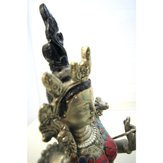 Mid-Century Tibetan-Style Inlaid Brass Green Tara Statue – 11" H For Sale - Image 13 of 18