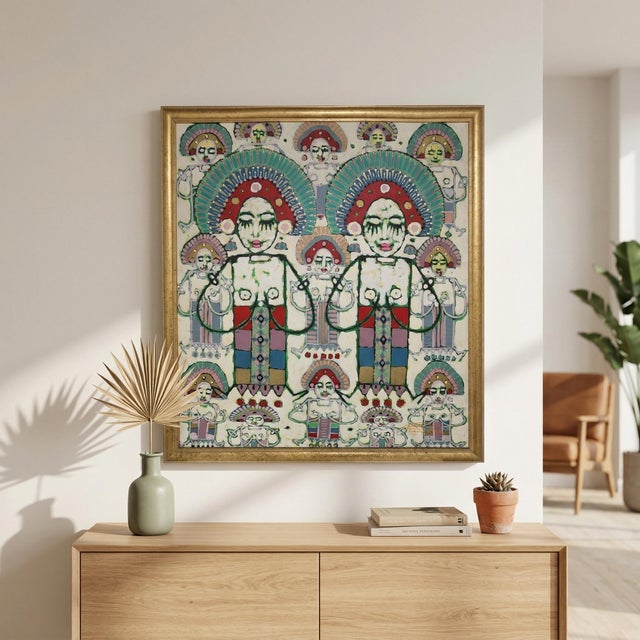 A mesmerizing painting from Ubud, Bali, signed “Nono, Ubud, 1995 featuring repeated female forms with ornate headdresses...