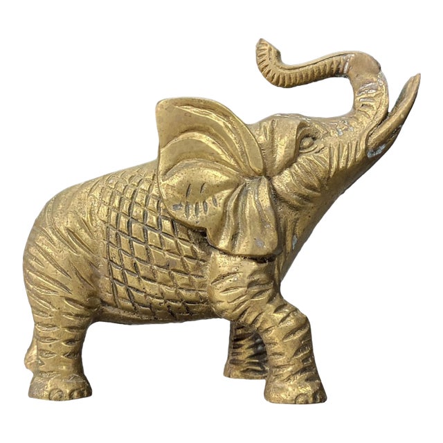 1950s Etched Solid Brass Elephant Figurine Trunk Up For Sale