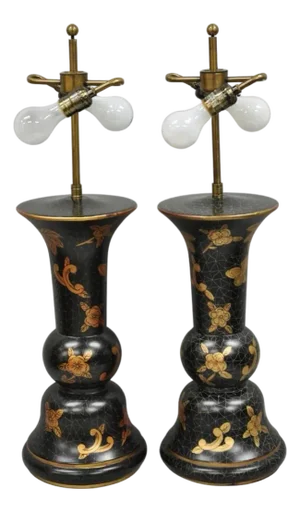 Louis Baldinger & Sons Contemporary Black & Gold Painted Table Lamps - A Pair