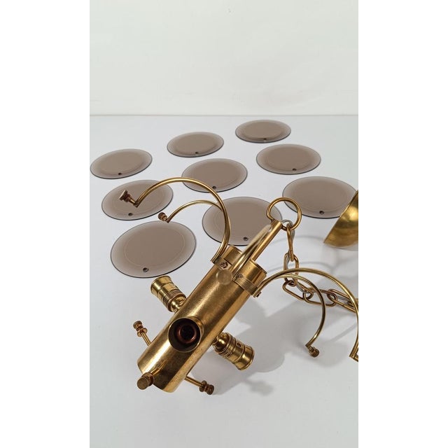 Vintage Chandelier in Brass with Smoked Bevelled Glass Discs from Sciolari, Italy, 1970s For Sale - Image 3 of 18