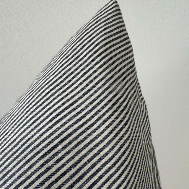 Libeco Workshop Stripe Pillow With Insert in Blue and Natural Linen For Sale - Image 4 of 6