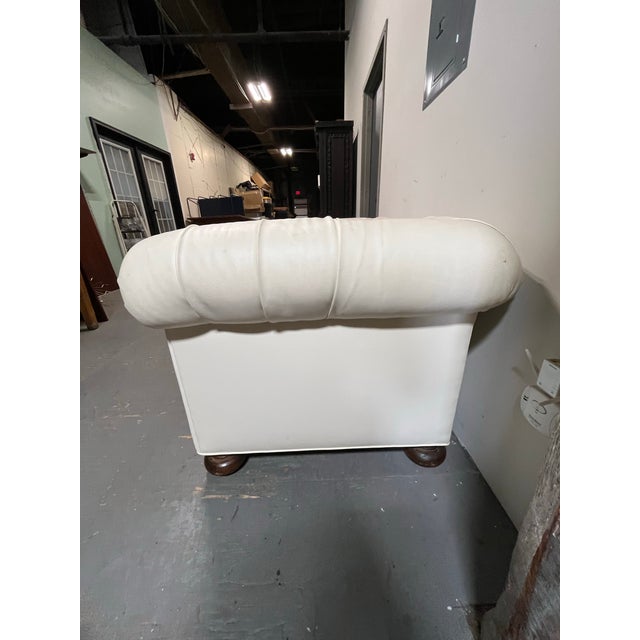 English Vintage English Chesterfield Tufted Ivory Leatherette Loveseat Settee For Sale - Image 3 of 9