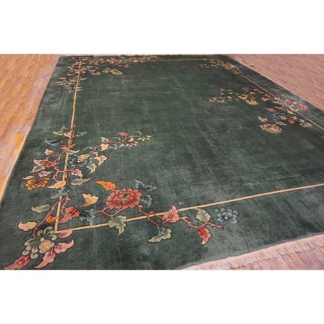 1930s Solid Green Field Floral Antique Chinese Art Deco Carpet Rug For Sale - Image 4 of 9