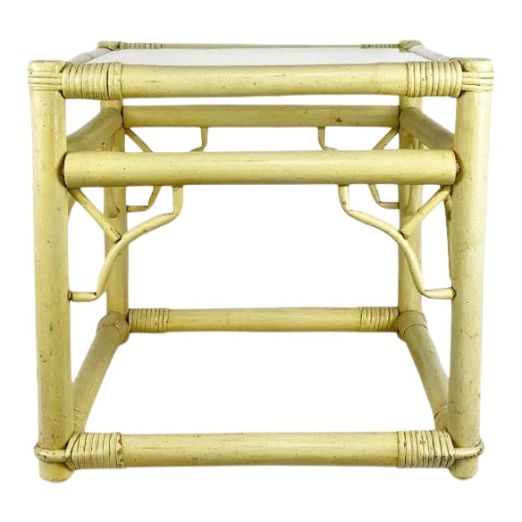 Square Yellow Chippendale Bamboo and Rattan Side Table With Glass For Sale