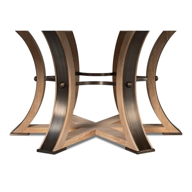 Transitional Round Dining Table, Large - Bleached Oak With Hammered Iron Base For Sale - Image 10 of 11