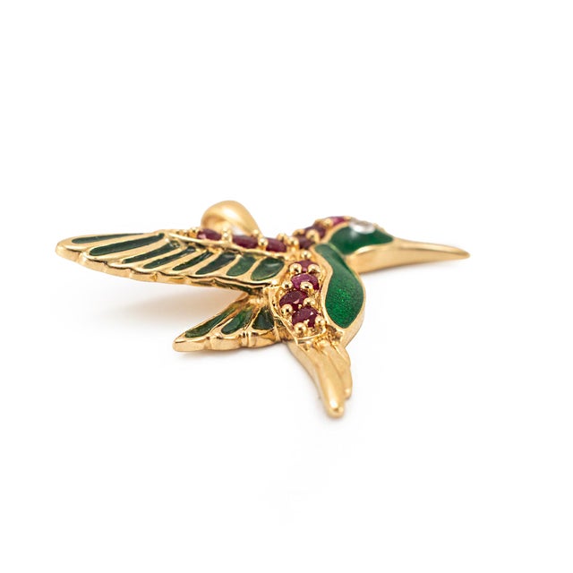 Modern Vintage 14k Yellow Gold Diamond Ruby Green Enamel Hummingbird Drop Pendant For Sale - Image 3 of 8