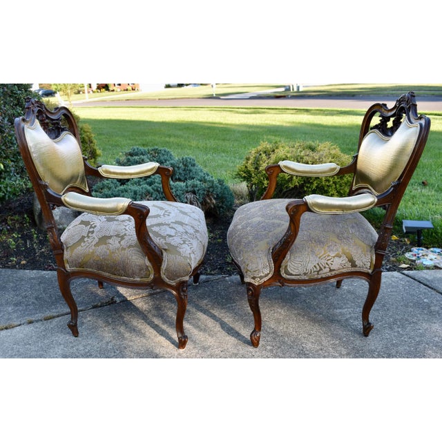 Gold Pair Vtg. French Louis XV Style Carved Walnut Armchairs Gold Damask Chairs For Sale - Image 8 of 18