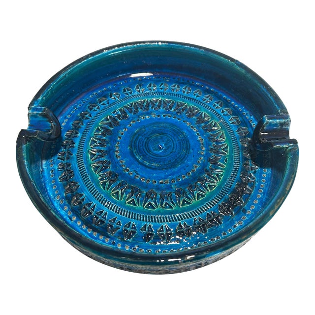 Mid 20th Century Italian Aldo Londi for Bitossi Rimini Blue Large Ceramic Ashtray Catchall Trinket Dish For Sale