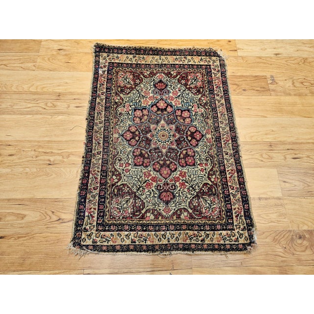 Ivory 19th Century Persian Kerman Lavar Rug, Handwoven Floral Pattern, Ivory & Burgundy, 2’ X 3’ For Sale - Image 8 of 10