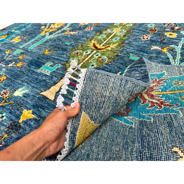 Blue Afghan Pictorial Tree of Life Hand-Knotted Wool Rug - 7'10" X 5'9" For Sale - Image 10 of 11