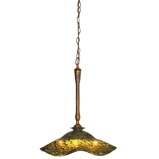 Contemporary Ruffled Swirled Multicolor Green Art Glass and Brass Tone Pendant Light Signed R. Mynatt For Sale - Image 3 of 18