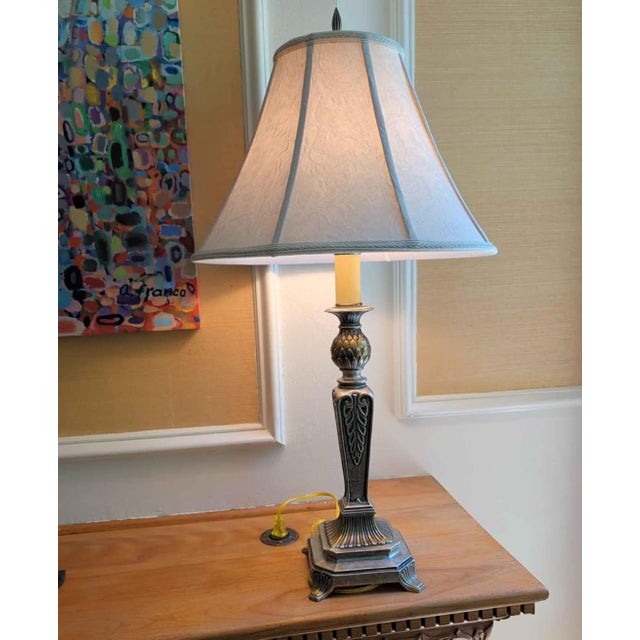 Stiffel Neoclassical Cast Metal Table Lamp Pair With Stiffel Shades For Sale - Image 4 of 6