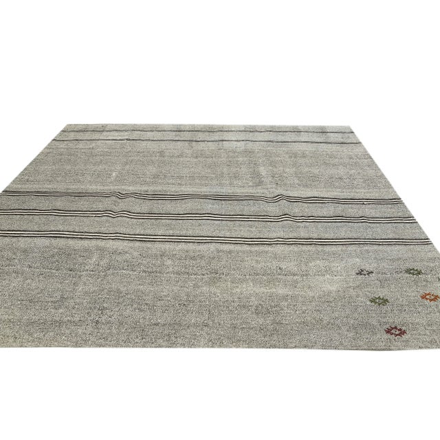 Mid 20th Century Gray Striped Large Vintage Kilim Rug For Sale - Image 4 of 7