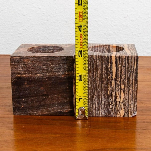 20th Mid Century Modern Art Cubed Marble Candleholders Veins Pair of Two For Sale - Image 9 of 12
