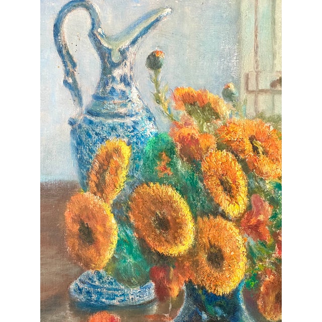 French Mid-Century Floral Still Life in Orange and Blues Oil on Board, Initialed, Dated 1957 For Sale - Image 9 of 13
