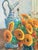 French Mid-Century Floral Still Life in Orange and Blues Oil on Board, Initialed, Dated 1957 For Sale - Image 9 of 13
