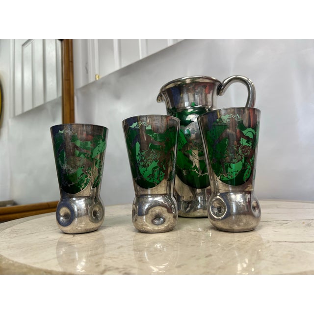 1950s 1950’s Murano Style Green Glassware and Pitcher With Silver Overlay - a Set of 4 For Sale - Image 5 of 8