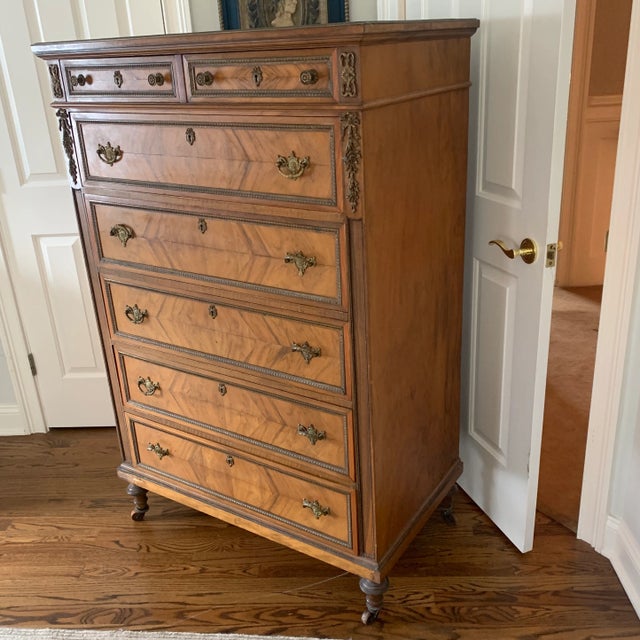 1940s 1920s French Louis XVI Style Tall Chest With Book Matched Walnut Veneer and Brass Accents For Sale - Image 5 of 9