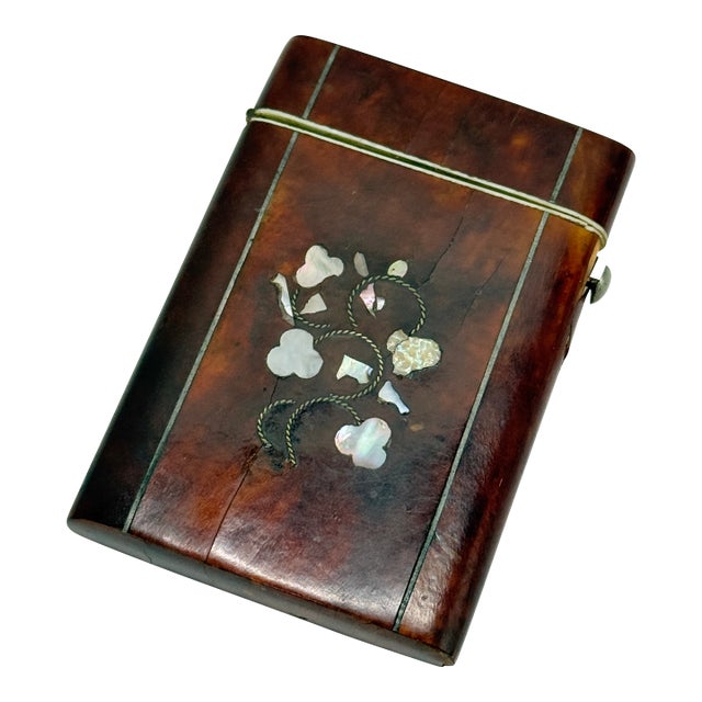 Inlaid Faux Tortoiseshell and Mother-of-Pearl Card Case With Floral Motif For Sale