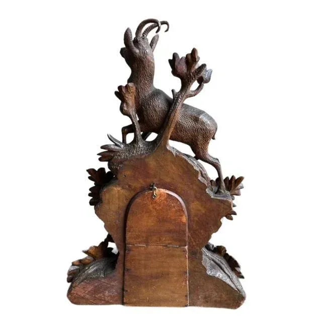 Brown Late 19th Century Swiss Black Forest Hand-Carved Clock, Alpine Carved Case For Sale - Image 8 of 9