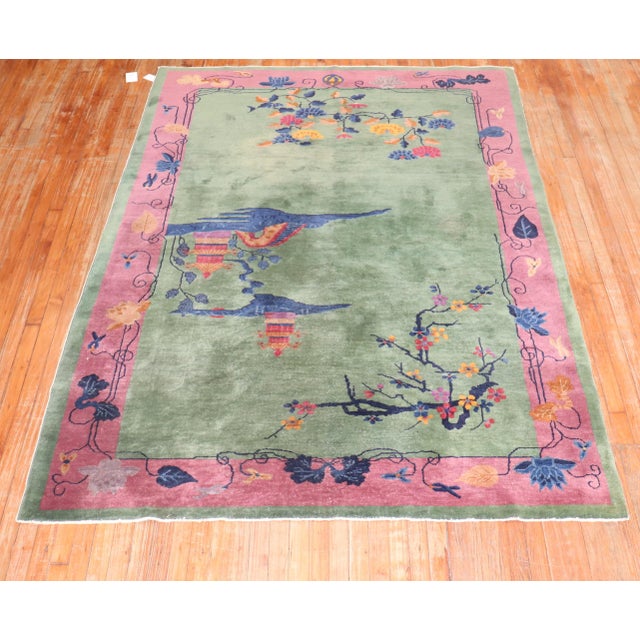 Pink Green Antique Chinese Art Deco Foyer Size Carpet For Sale - Image 14 of 18