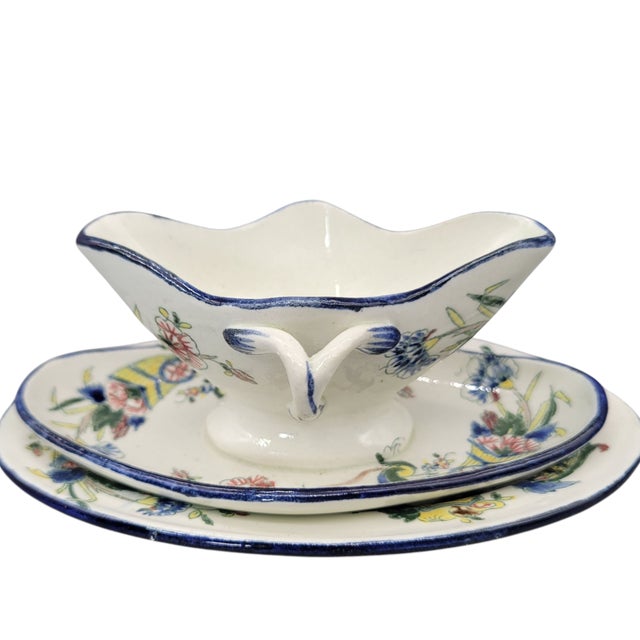 19th Century Faience De Gien French Hand Painted Earthenware Sauce Boat With Attached Underplate and Additional Oval Plate For Sale In Boston - Image 6 of 12