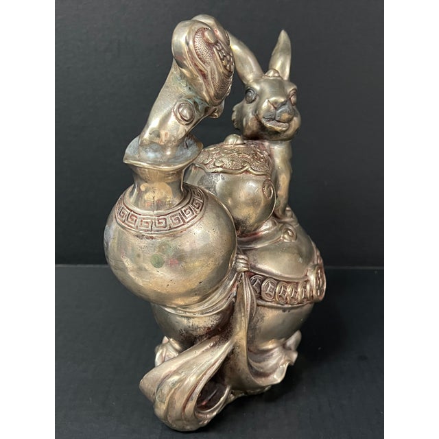 Bronze Late 20th Century Chinese Art Silver Gilt Bronze Metal Lucky Charm Rabbit Sculpture For Sale - Image 8 of 10