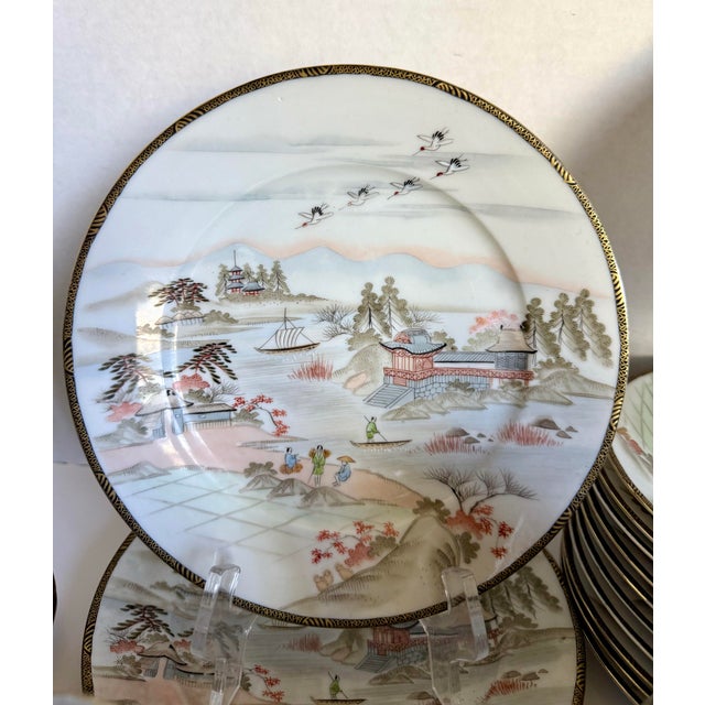 1970s Japanese Hand-Painted Eggshell Porcelain Landscape Luncheon Tea Set - 36 Pieces For Sale - Image 4 of 17