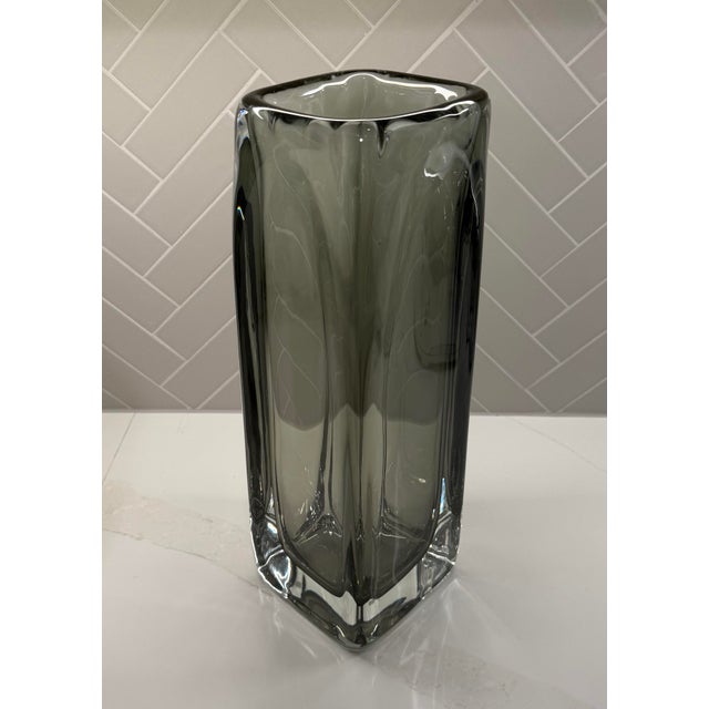 Elegant and sculptural Global Views Wide Square Tower Vase in smoke gray encased glass. This substantial art glass vase is...