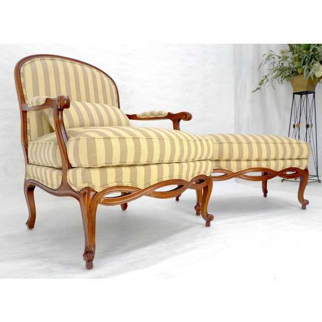Carved Cherry Frame Stripe Upholstery Lounge Chair w/ Matching Ottoman MINT For Sale - Image 11 of 12